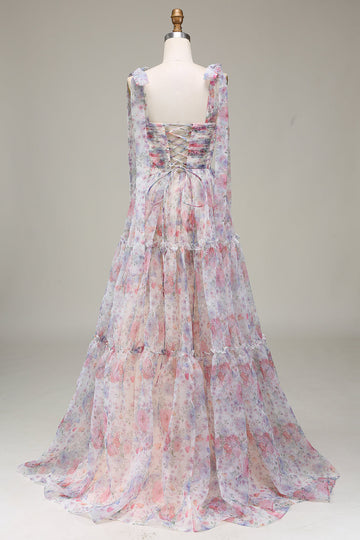 A-Line Spaghetti Straps Flower Printed Long Ball Dress